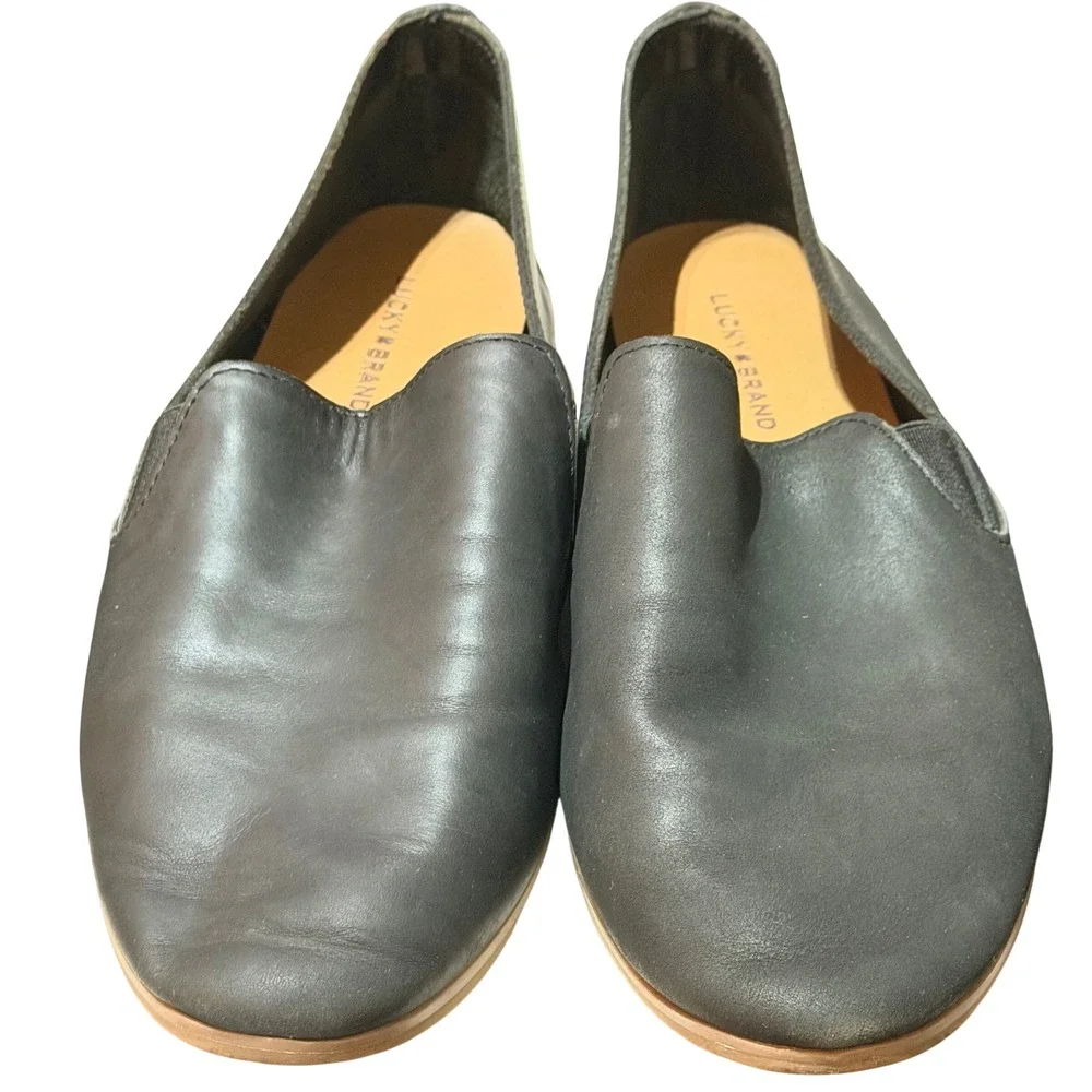 Lucky Brand Emmie Flat Shoes Womens 8.5 Black Leather Slip On Ballet Minimalist